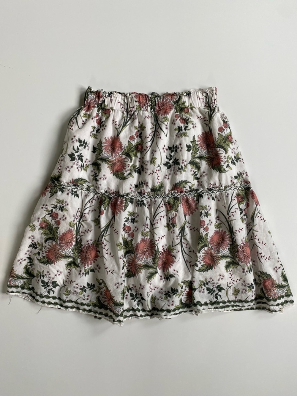 Floral Tiered A-Line Skirt - White with Pink & Green Floral Print
